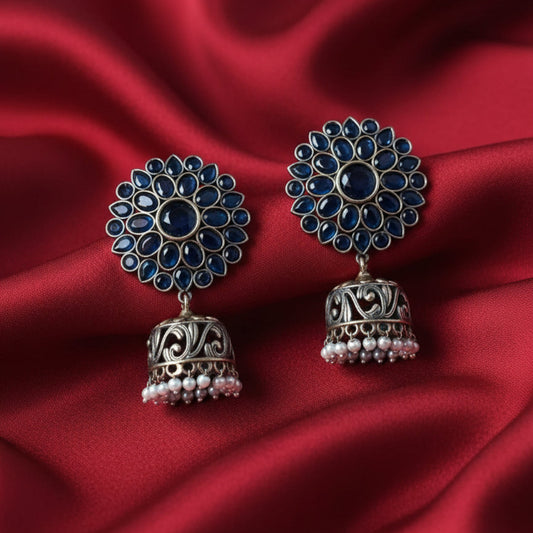 Dual Tone Blue Flower Jhumkas