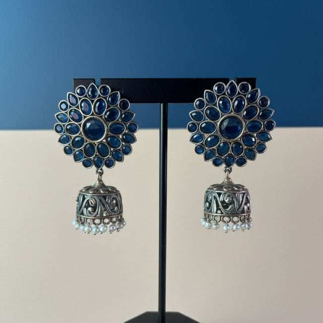 Dual Tone Blue Flower Jhumkas