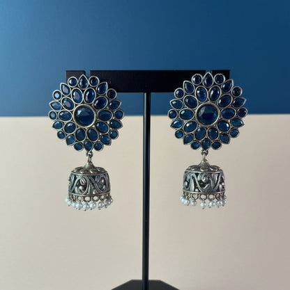 Dual Tone Blue Flower Jhumkas