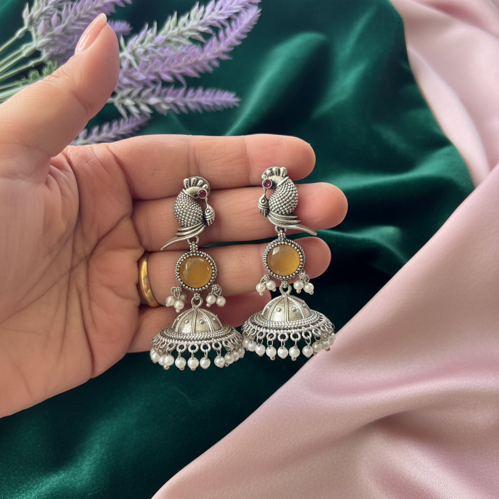 Noor Mayur Jhumkas -Yellow